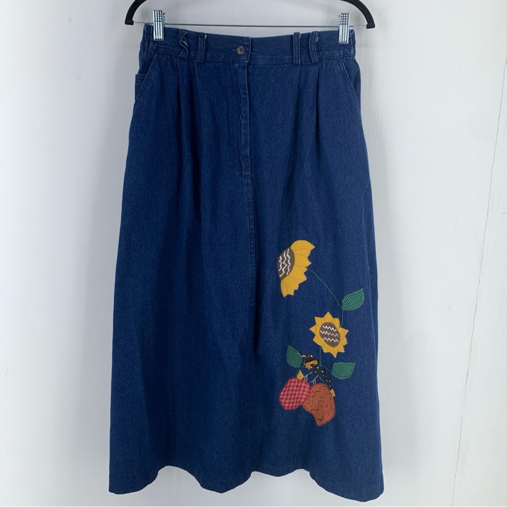 Talbots 12 Denim Skirt Floral Fall Appliqué Cottage Norm Core 90’s Y2K USA VTG - Picture 1 of 7